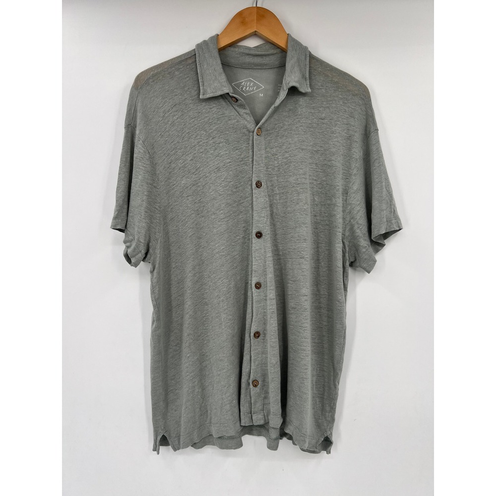 Alex Crane Men M Ola Shirt Gray Green European Linen Short Sleeve Button Down